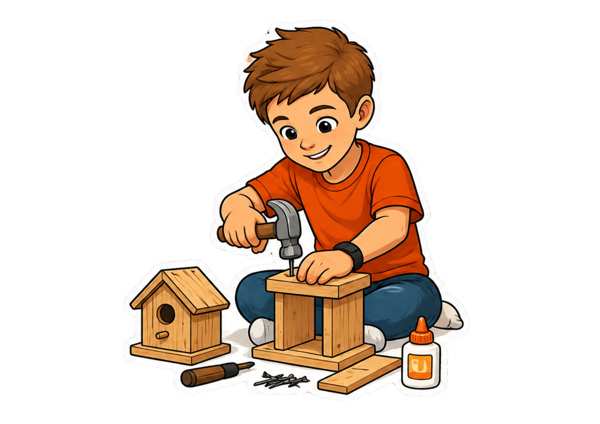 A boy focused on building a wooden birdhouse with real tools