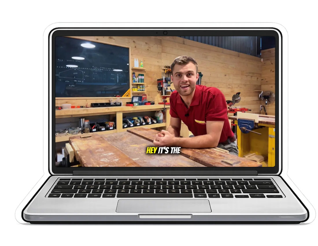 The Woodworking Guy presenting a video lesson, shown on a laptop screen